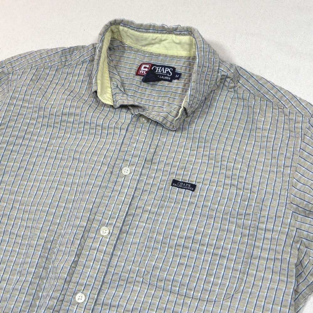 Chaps Ralph Lauren Mens Seersucker Plaid Short Sleeve Button Down Shirt Tan M